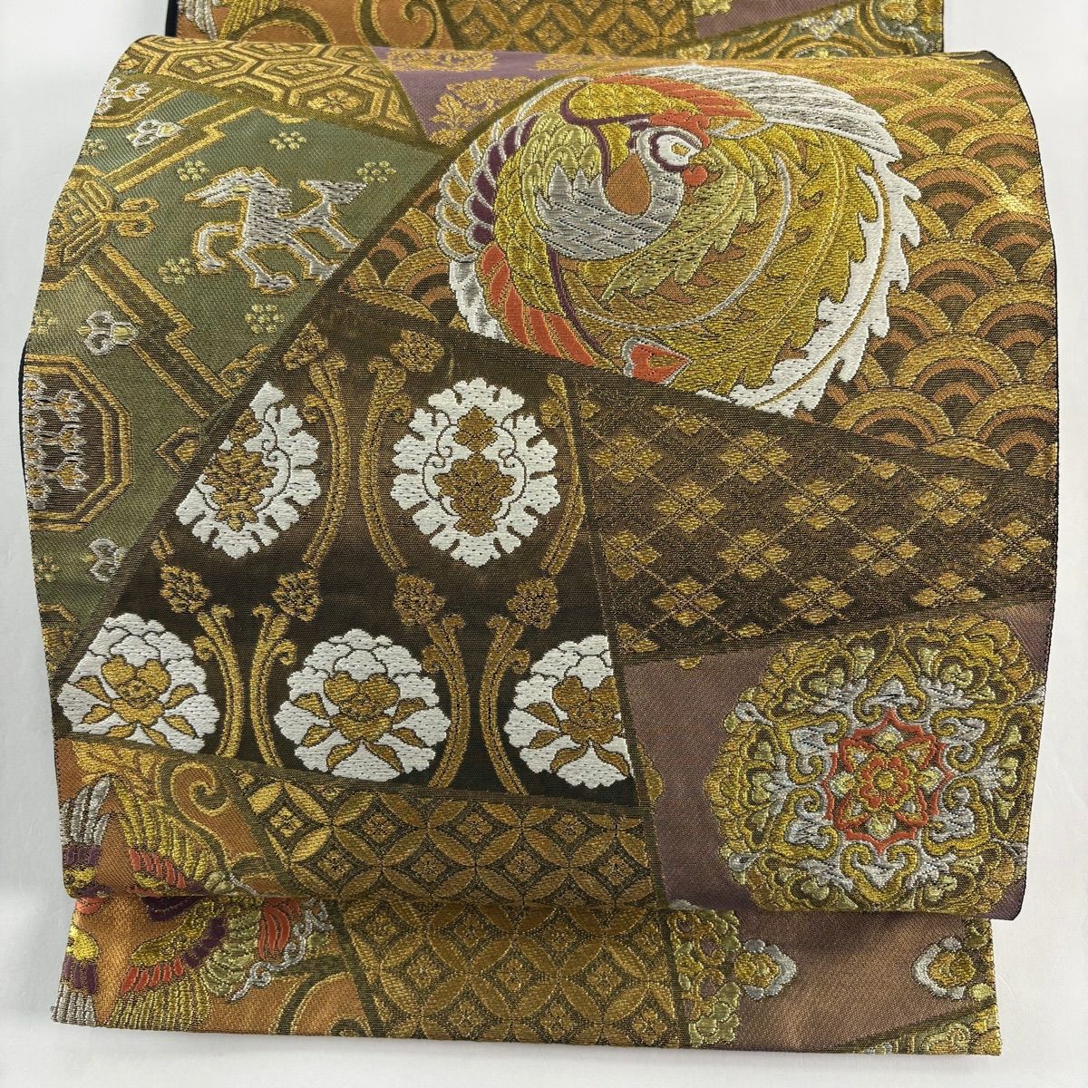 【美品】 袋帶 秀品級 鳳凰 花兔 金銀線 金金箔 金茶 六通 純蠶絲