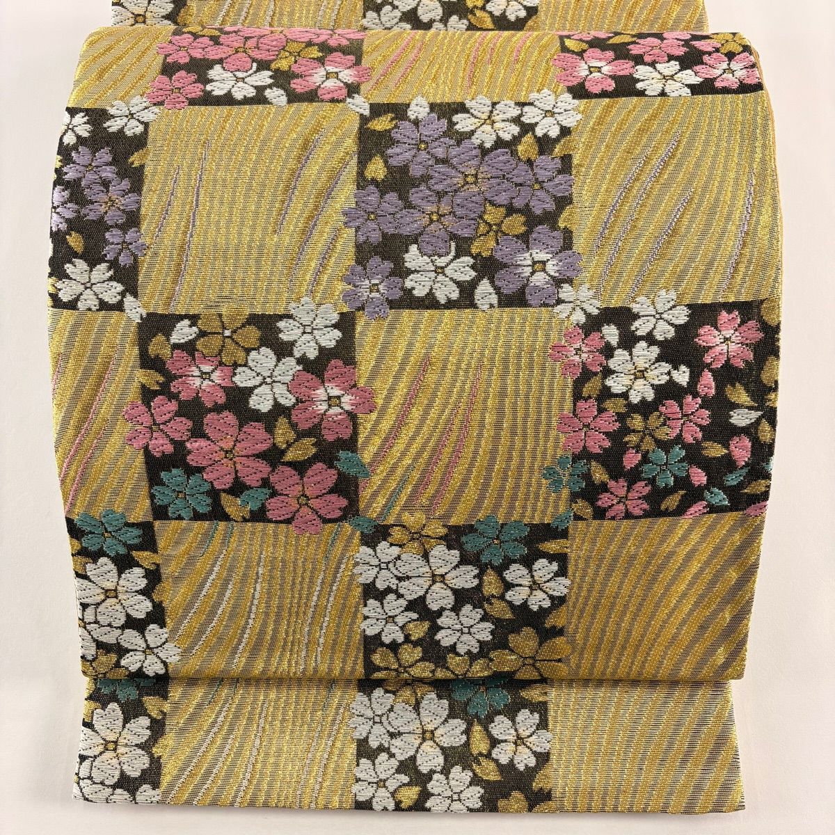 【美品】 袋帶 秀品級 市松樹 櫻花 金糸 金金箔 金色 六通 純蠶絲