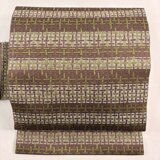 【美品】 名古屋帶 秀品級 幾何學 小豆 純蠶絲