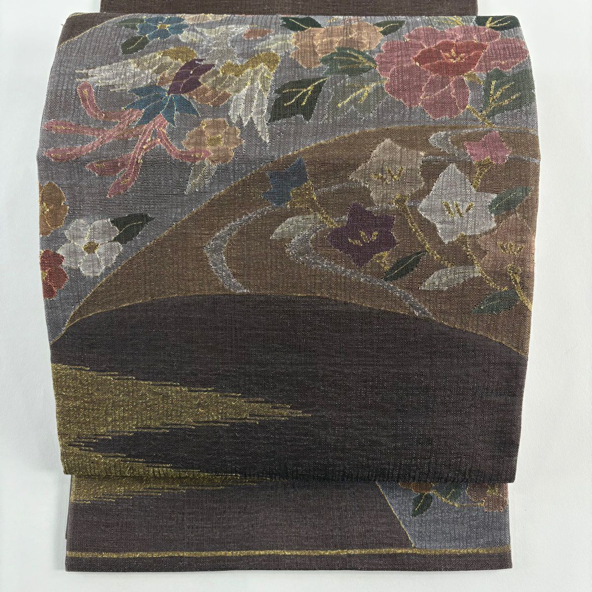 【美品】 袋帶 秀品級 花鳥 霞 金銀彩 灰紫 お太鼓圖案 純蠶絲