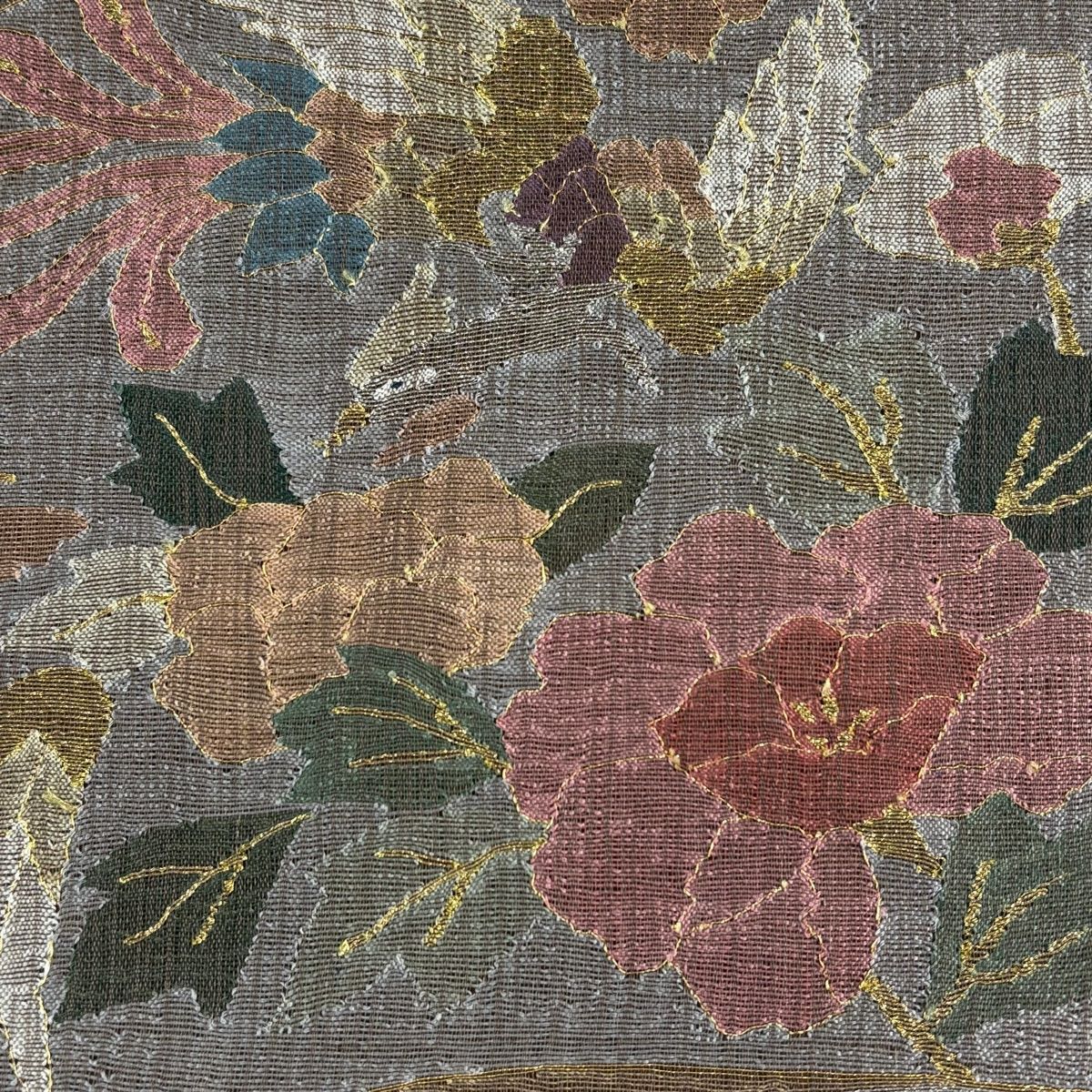 【美品】 袋帶 秀品級 花鳥 霞 金銀彩 灰紫 お太鼓圖案 純蠶絲