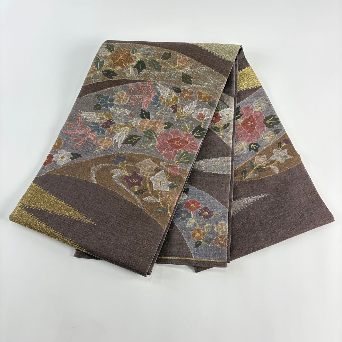 【美品】 袋帶 秀品級 花鳥 霞 金銀彩 灰紫 お太鼓圖案 純蠶絲