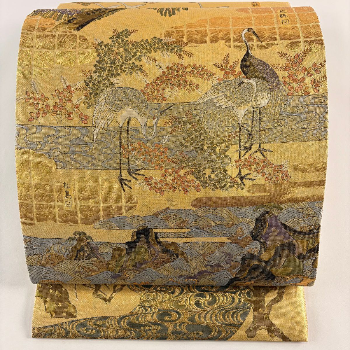 【美品】 袋帶 秀品級 仙鶴 草花紋 金糸 金金箔 淺黃 お太鼓圖案 純蠶絲