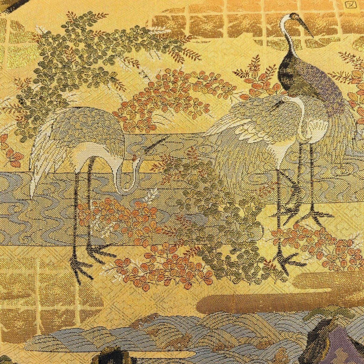 【美品】 袋帶 秀品級 仙鶴 草花紋 金糸 金金箔 淺黃 お太鼓圖案 純蠶絲