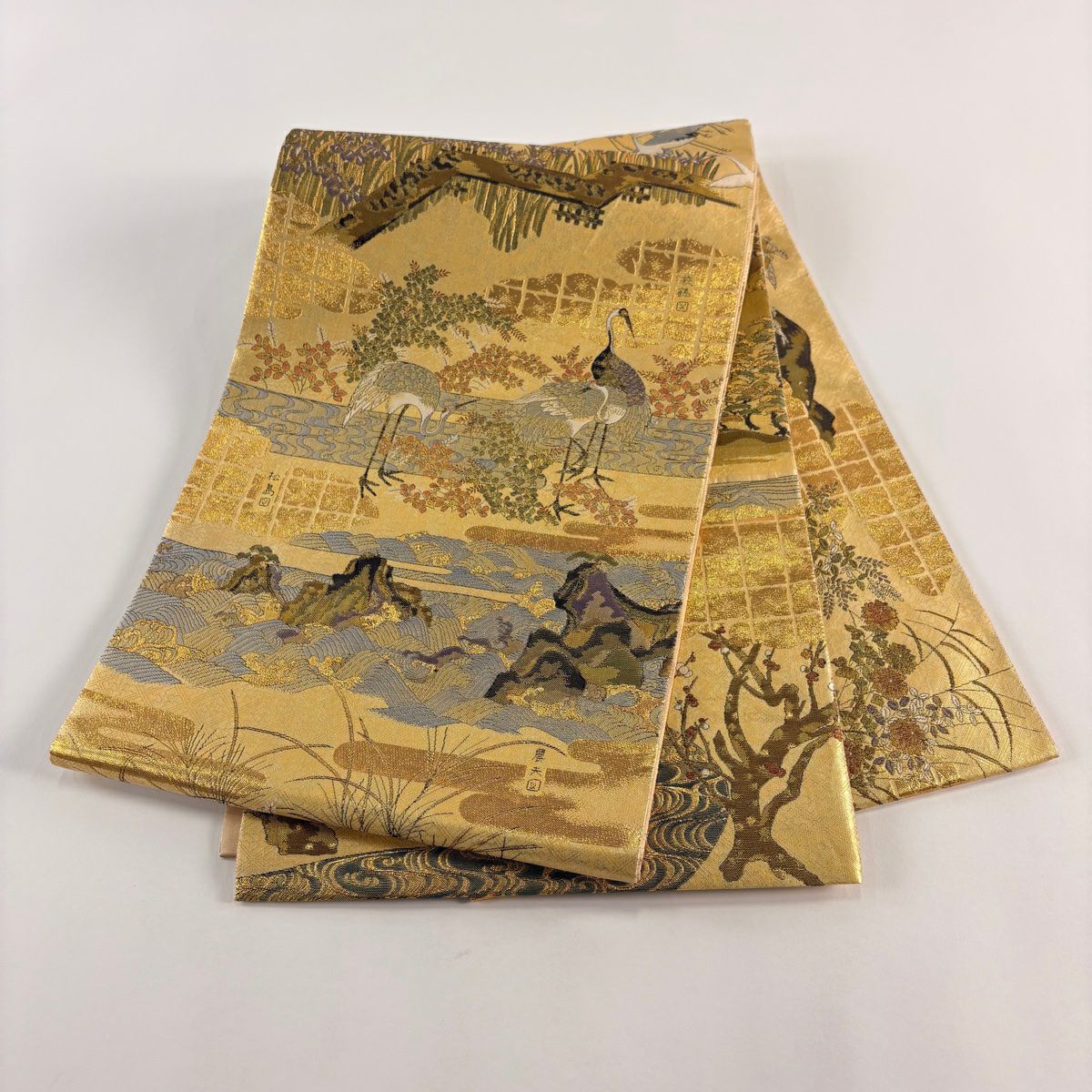 【美品】 袋帶 秀品級 仙鶴 草花紋 金糸 金金箔 淺黃 お太鼓圖案 純蠶絲
