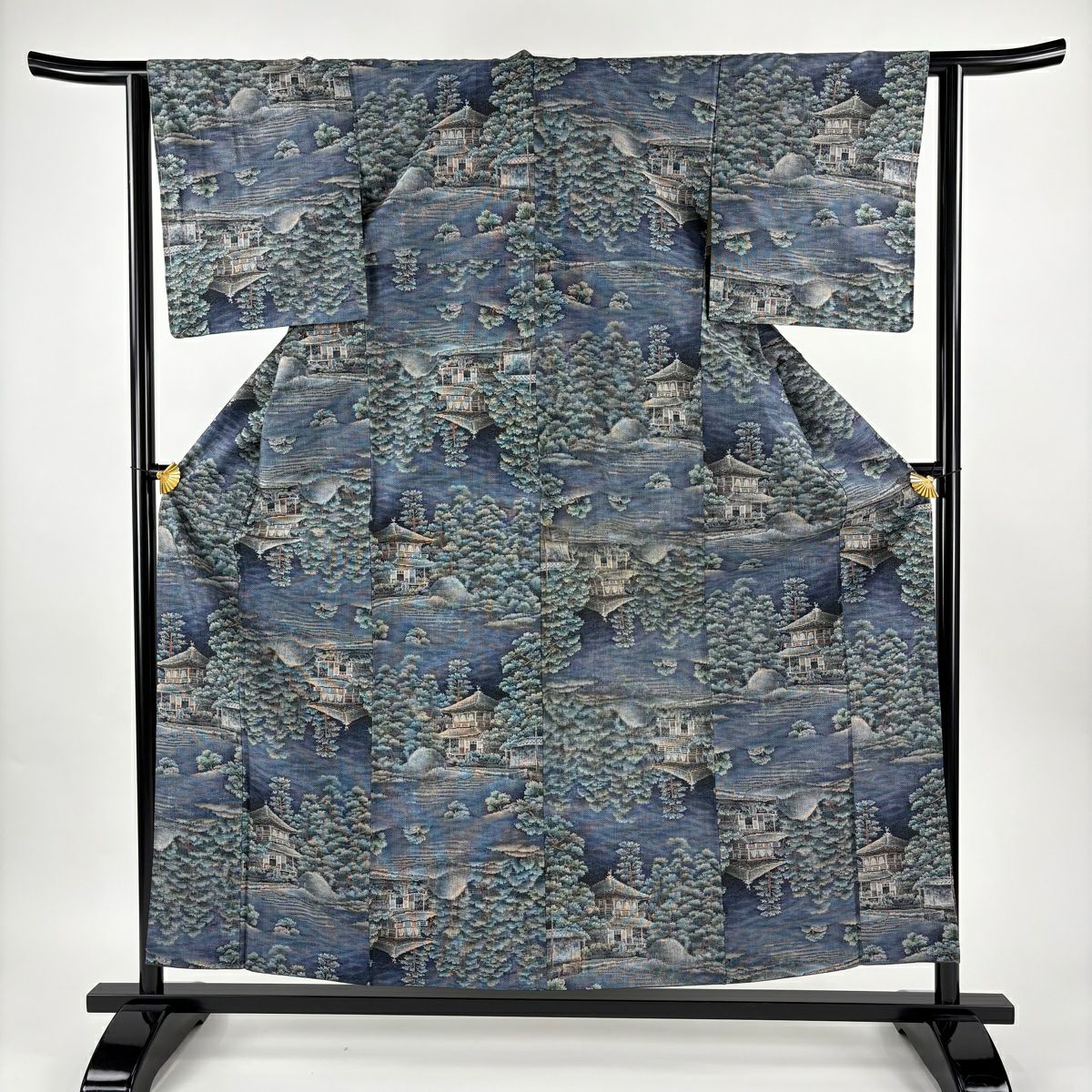 大島紬織 身長158cm 袖長62cm S 雙層 證書有 建築 樹木 青灰 純蠶絲 逸品級