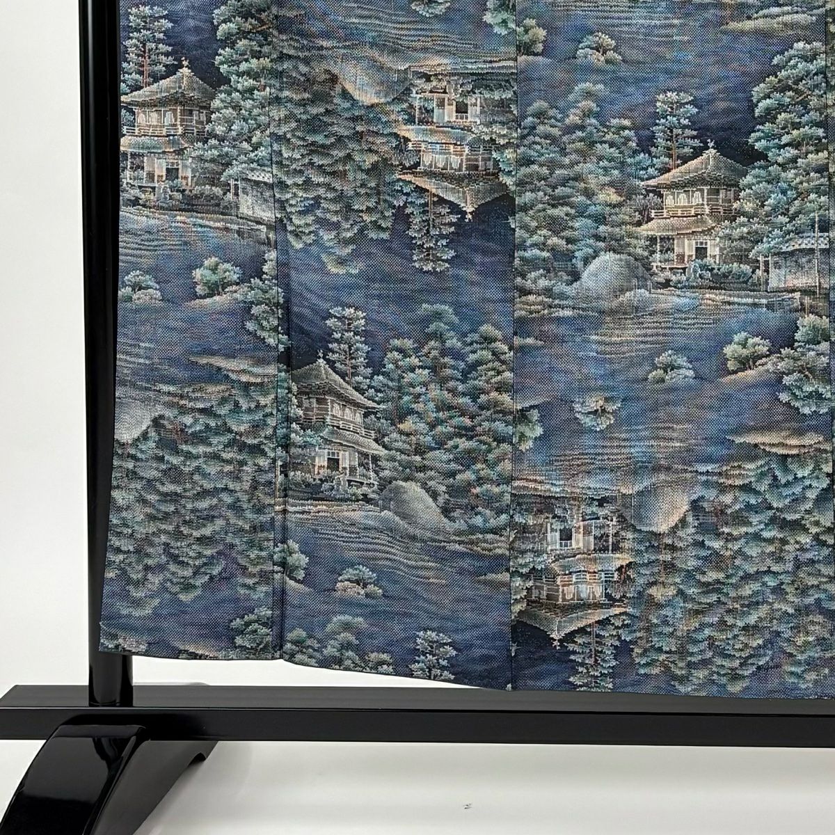 大島紬織 身長158cm 袖長62cm S 雙層 證書有 建築 樹木 青灰 純蠶絲 逸品級