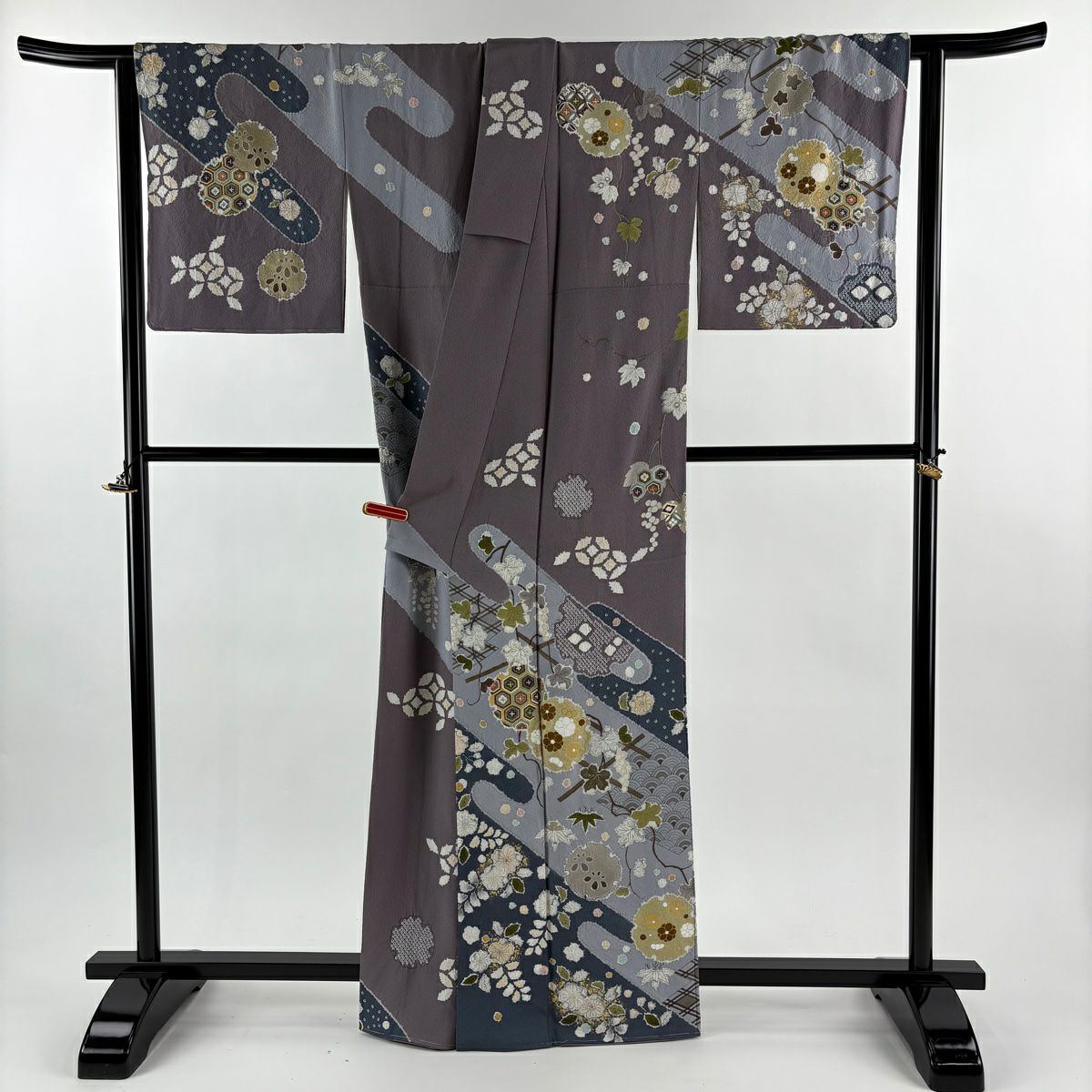 訪問服 身長163cm 袖長65cm M 雙層 翠山工房 落款あり 雪輪 葡萄 金銀彩 絞染 灰紫 純蠶絲 逸品級