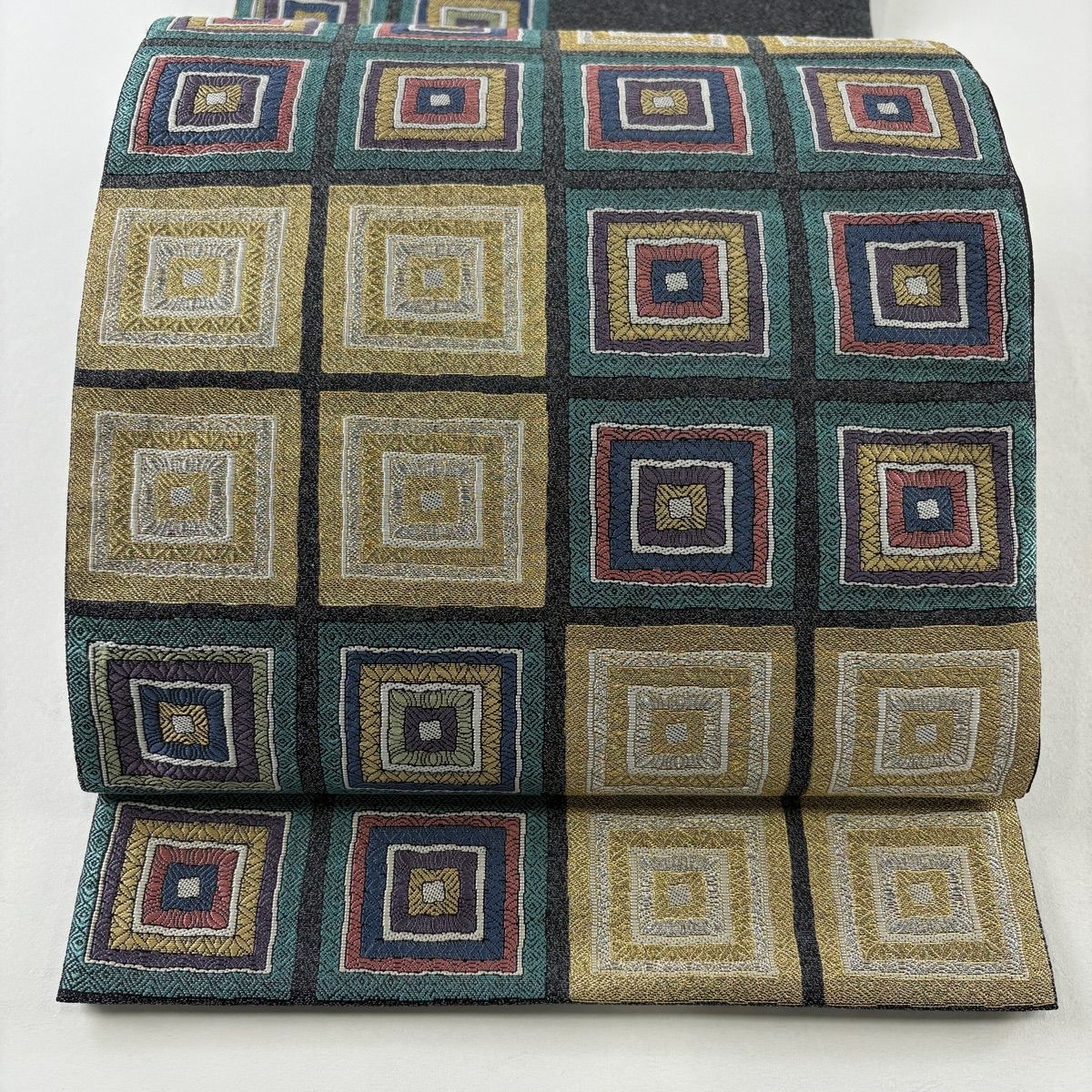 【美品】 袋帶 名品級 陶華虹彩紋 格子 金銀線 金金箔 青綠 お太鼓柄 純蠶絲