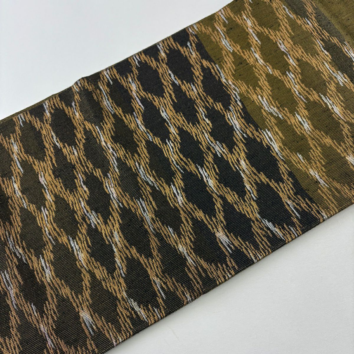 【美品】 袋帶 名品級 幾何學圖案 條紋 金銀彩 拉麵絲 墨色 大鼓圖案 純蠶絲