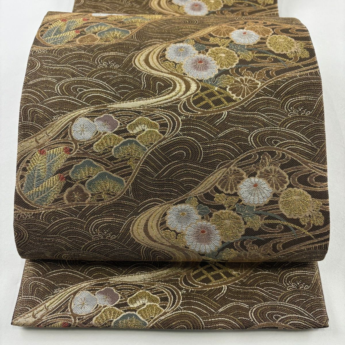 【美品】 袋帶 名品級 観世松樹竹子梅花 波 金糸 金金箔 茶 六通 純蠶絲