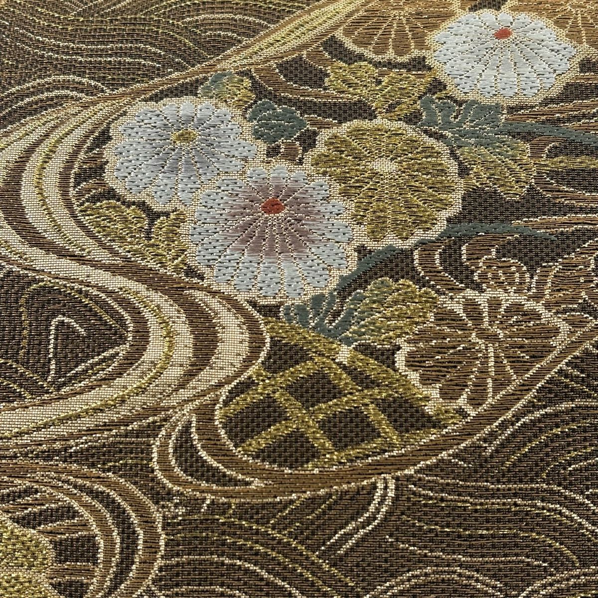 【美品】 袋帶 名品級 観世松樹竹子梅花 波 金糸 金金箔 茶 六通 純蠶絲