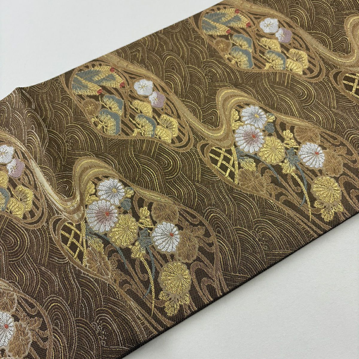 【美品】 袋帶 名品級 観世松樹竹子梅花 波 金糸 金金箔 茶 六通 純蠶絲