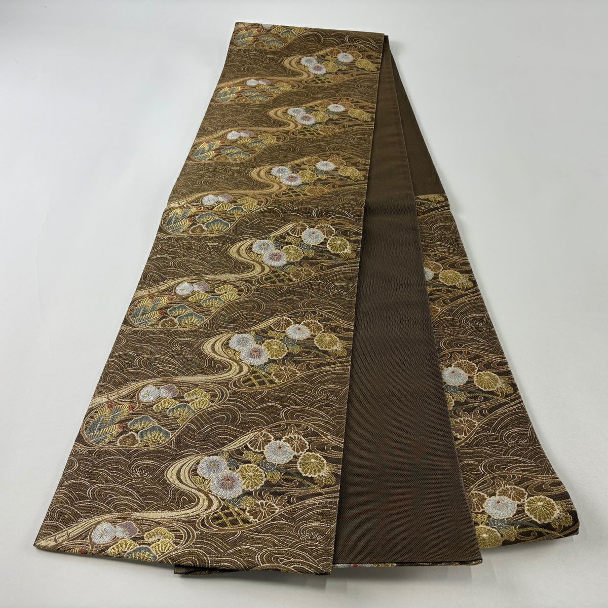 【美品】 袋帶 名品級 観世松樹竹子梅花 波 金糸 金金箔 茶 六通 純蠶絲