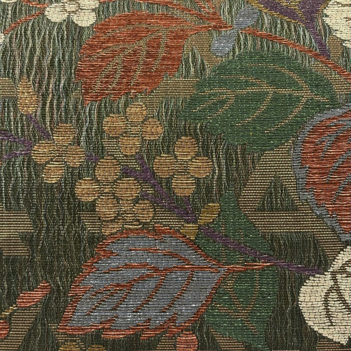 袋帶 名品級 花井幸子 落款 草花紋 籠目 金銀線 金金箔 深綠 六通 純蠶絲