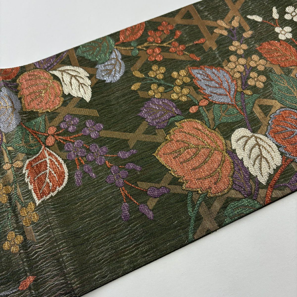 袋帶 名品級 花井幸子 落款 草花紋 籠目 金銀線 金金箔 深綠 六通 純蠶絲