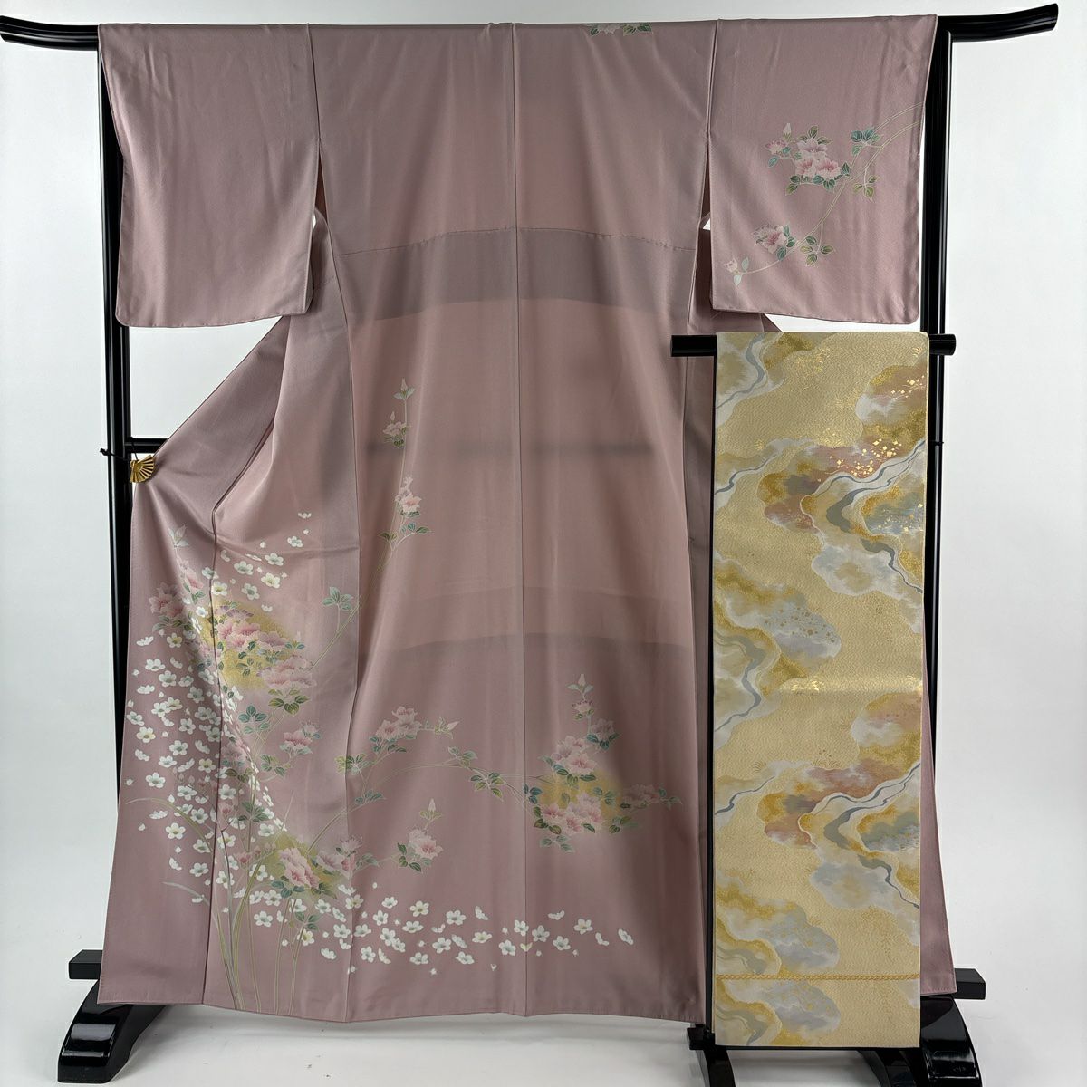 【美品】訪問服 身長166cm 袖長65.5cm M 雙層 袋帶套裝 草花紋紋 金彩裝飾 漸層 粉紅 純蠶絲 優品級