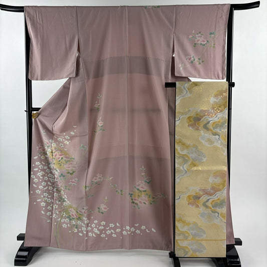 【美品】訪問服 身長166cm 袖長65.5cm M 雙層 袋帶套裝 草花紋紋 金彩裝飾 漸層 粉紅 純蠶絲 優品級