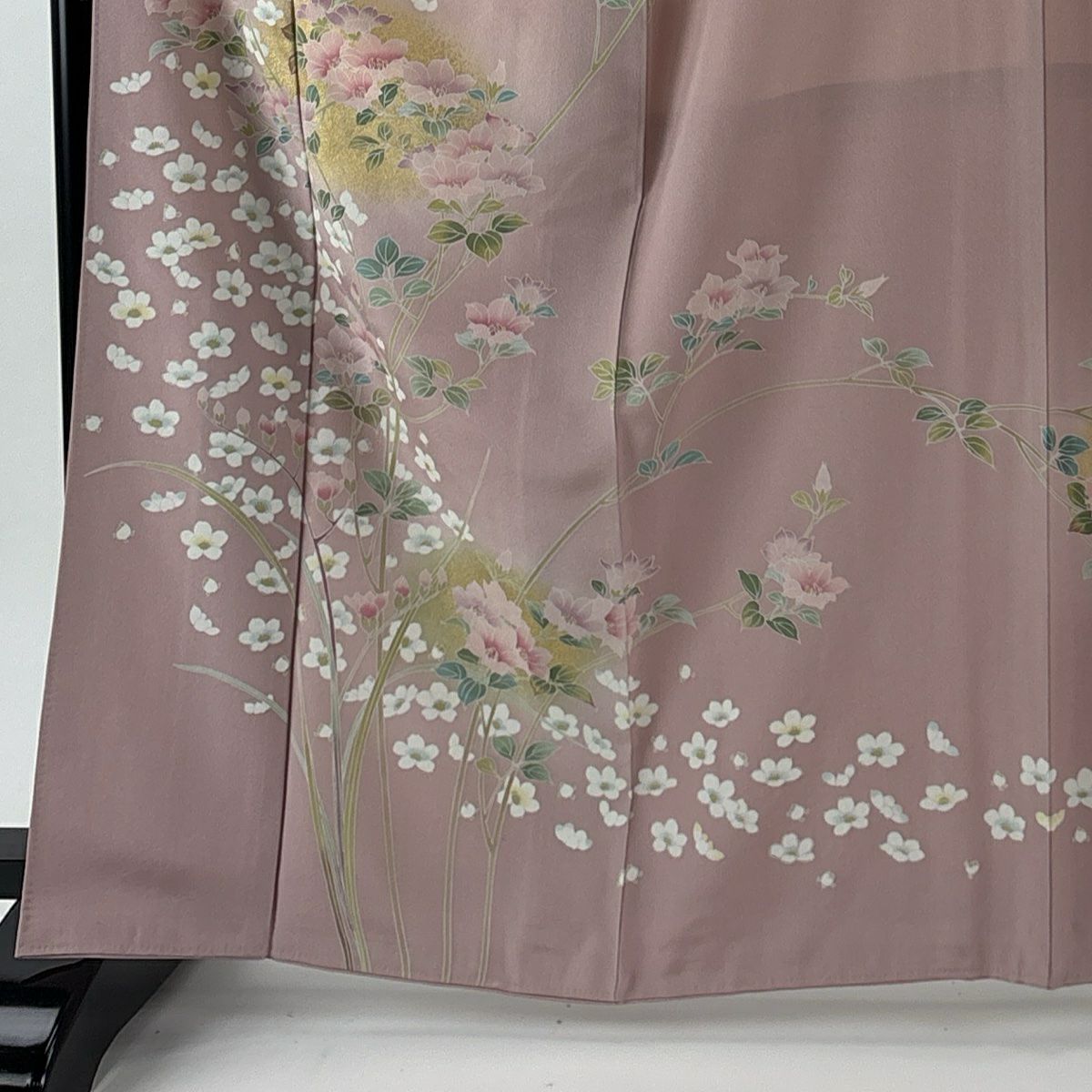 【美品】訪問服 身長166cm 袖長65.5cm M 雙層 袋帶套裝 草花紋紋 金彩裝飾 漸層 粉紅 純蠶絲 優品級