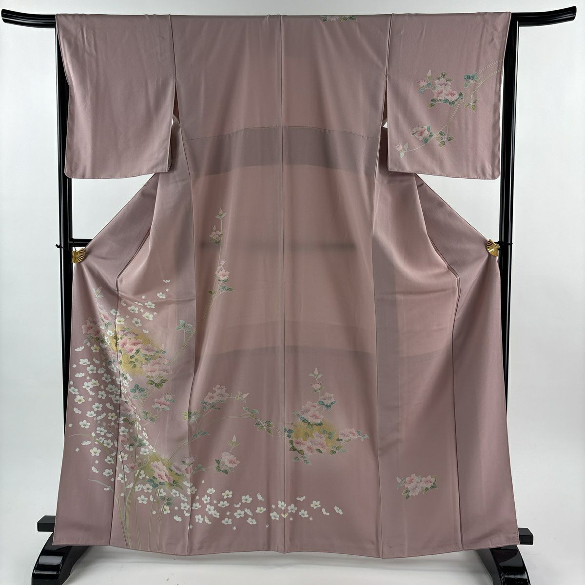 【美品】訪問服 身長166cm 袖長65.5cm M 雙層 袋帶套裝 草花紋紋 金彩裝飾 漸層 粉紅 純蠶絲 優品級