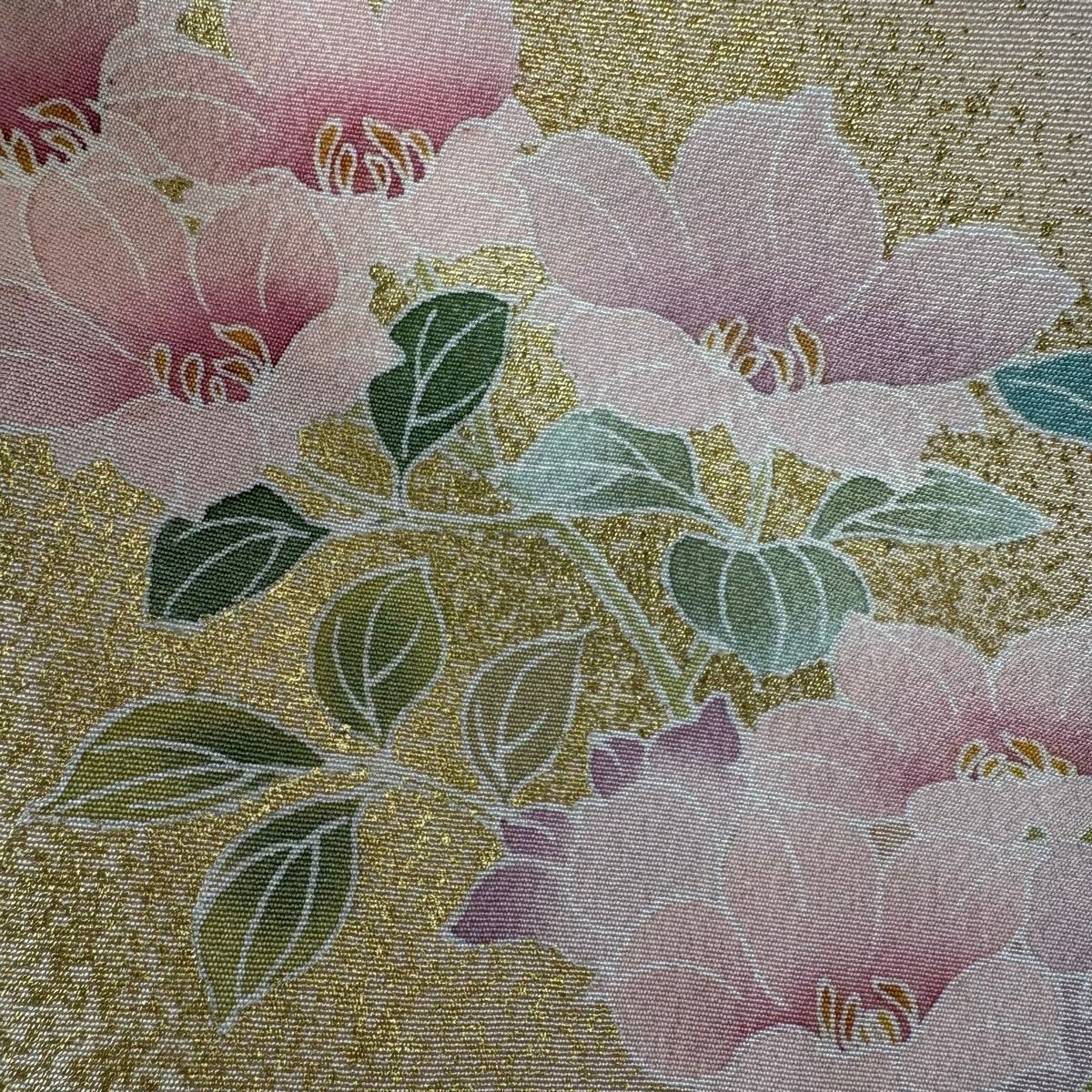 【美品】訪問服 身長166cm 袖長65.5cm M 雙層 袋帶套裝 草花紋紋 金彩裝飾 漸層 粉紅 純蠶絲 優品級