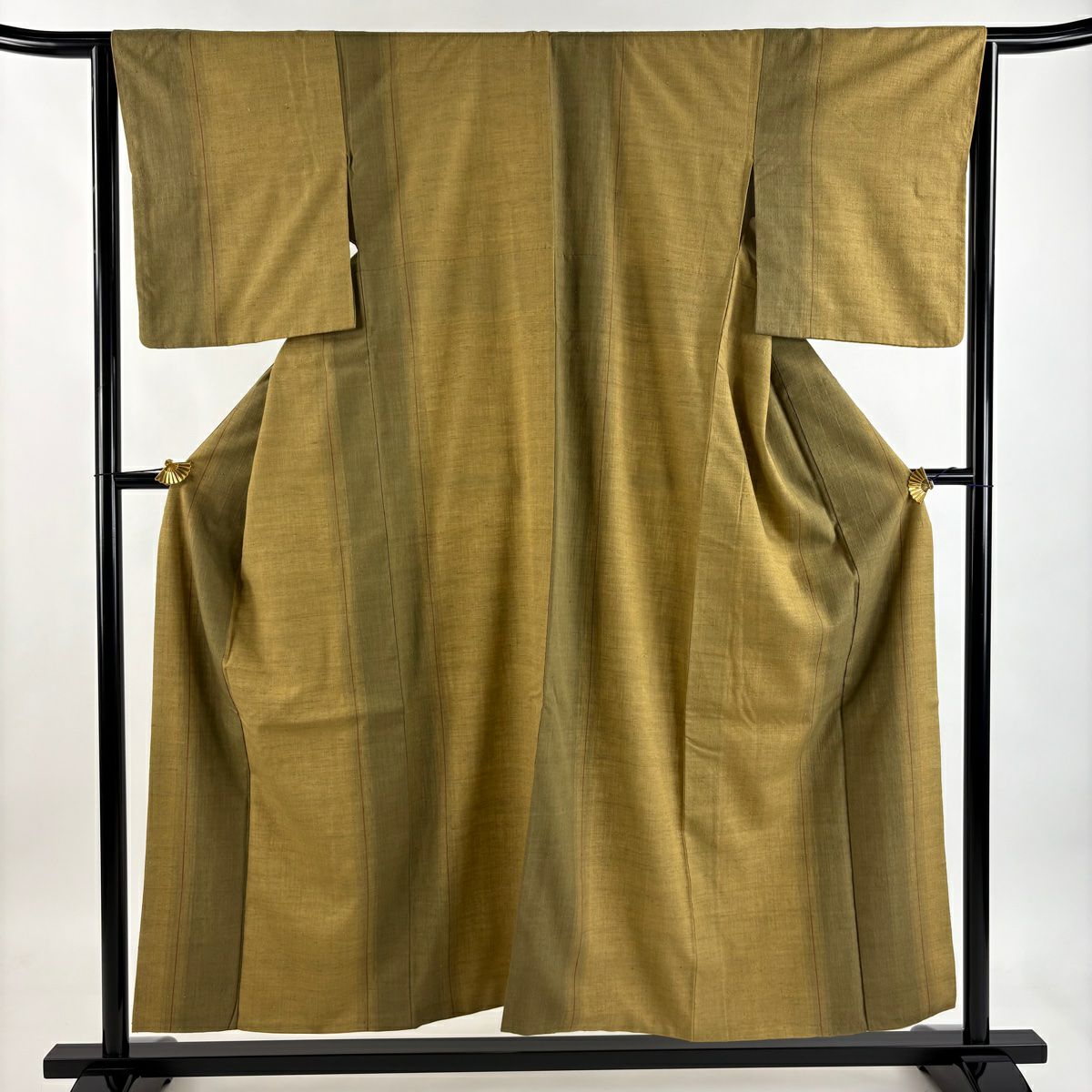 【美品】結城紬織 身長155cm 袖長64cm M 雙層 本場結城紬織 奥順 縞 黃土 純蠶絲 逸品級