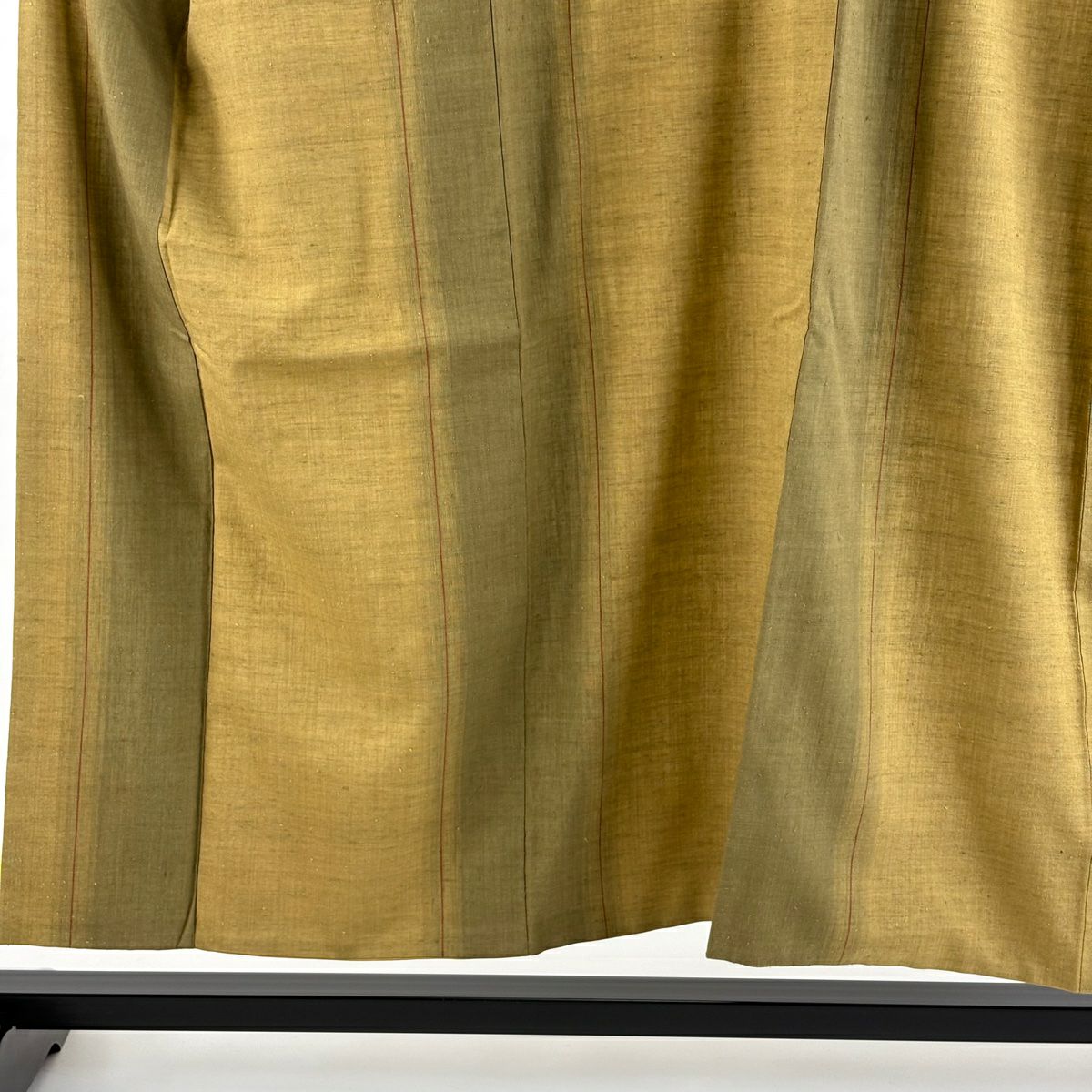 【美品】結城紬織 身長155cm 袖長64cm M 雙層 本場結城紬織 奥順 縞 黃土 純蠶絲 逸品級