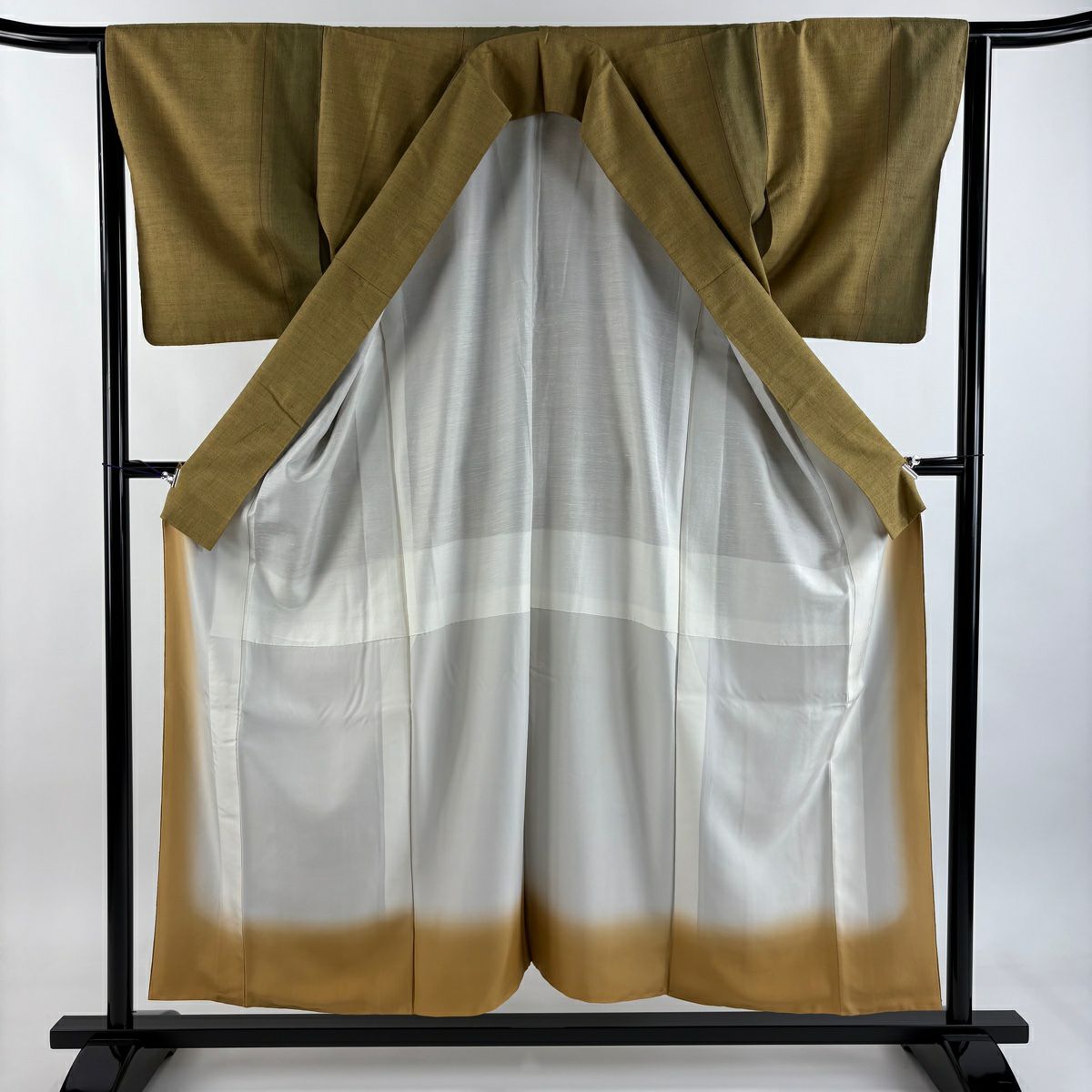 【美品】結城紬織 身長155cm 袖長64cm M 雙層 本場結城紬織 奥順 縞 黃土 純蠶絲 逸品級