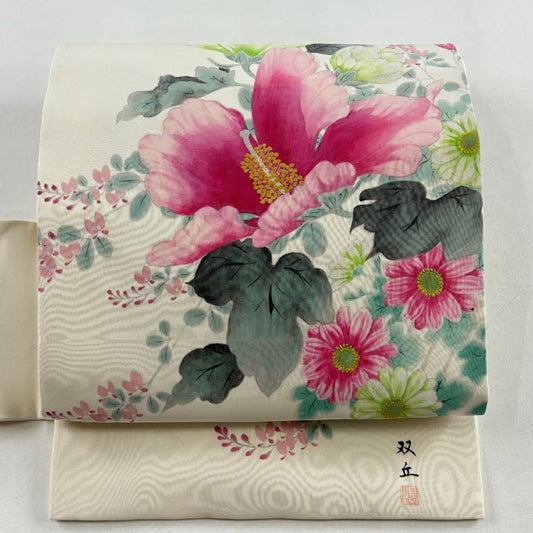 名古屋帶 名品級 附有落款 草花紋刺繡 金線 奶油色 純蠶絲