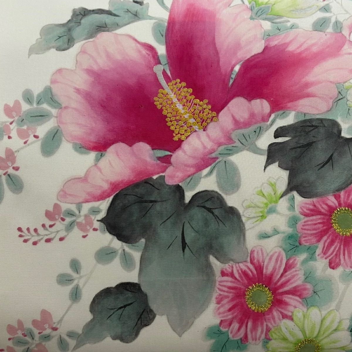 名古屋帶 名品級 附有落款 草花紋刺繡 金線 奶油色 純蠶絲