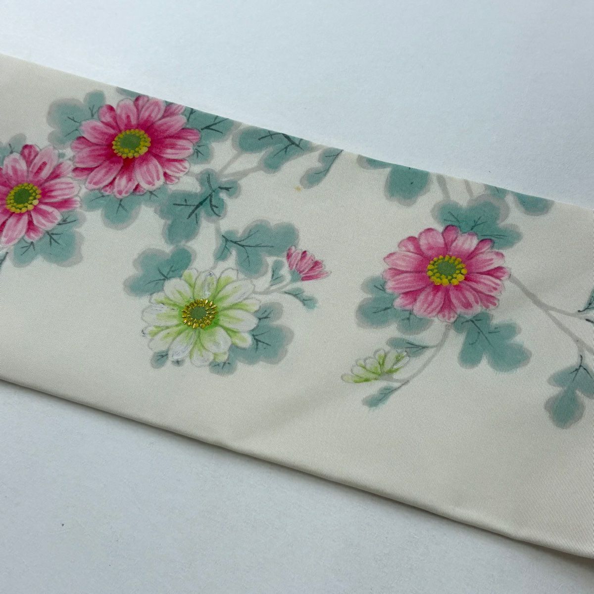 名古屋帶 名品級 附有落款 草花紋刺繡 金線 奶油色 純蠶絲