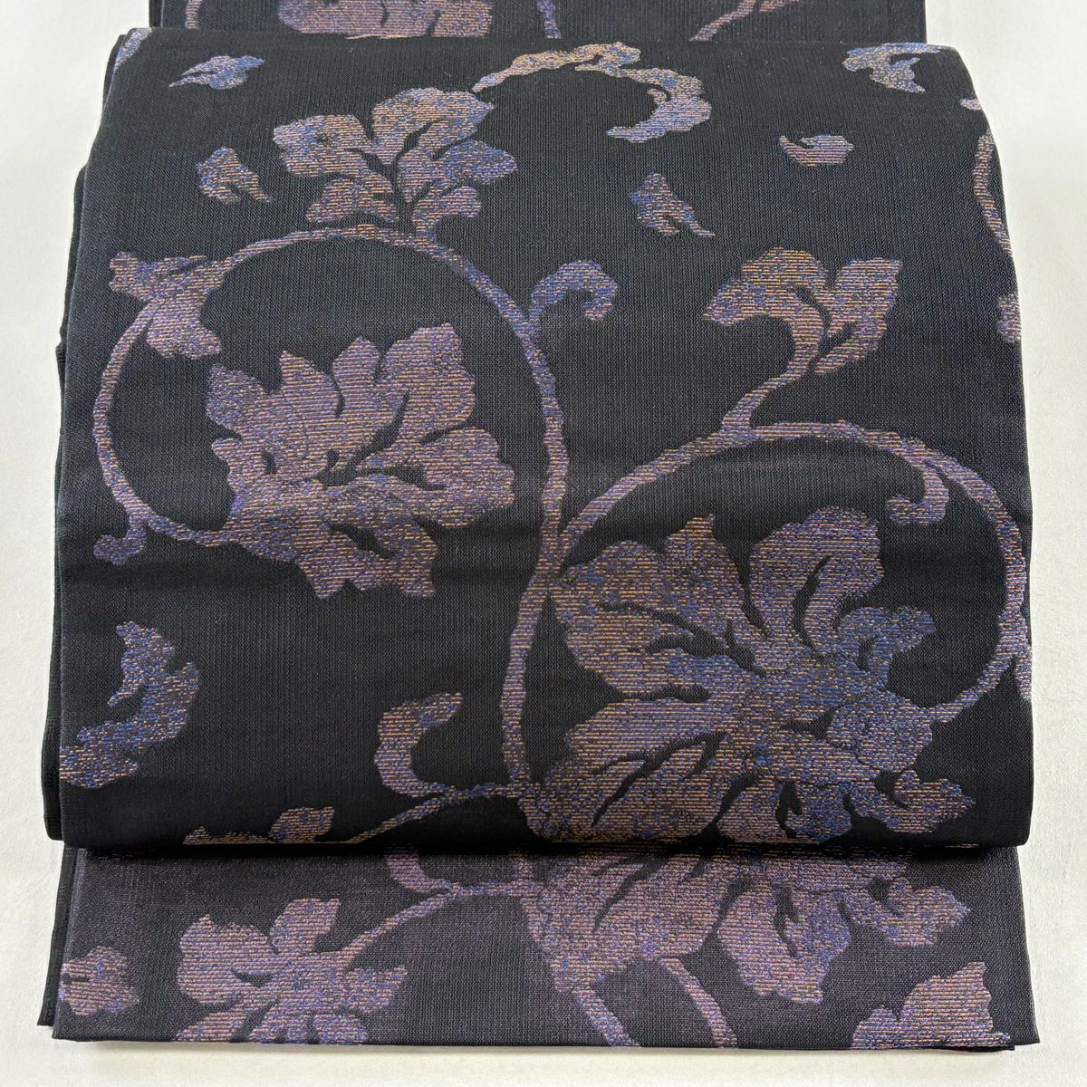 【美品】 袋帶 名品級 花唐草紋 墨 深藍 六通 純蠶絲