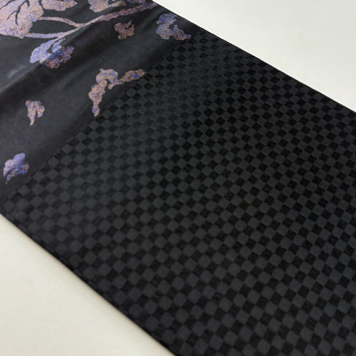 【美品】 袋帶 名品級 花唐草紋 墨 深藍 六通 純蠶絲
