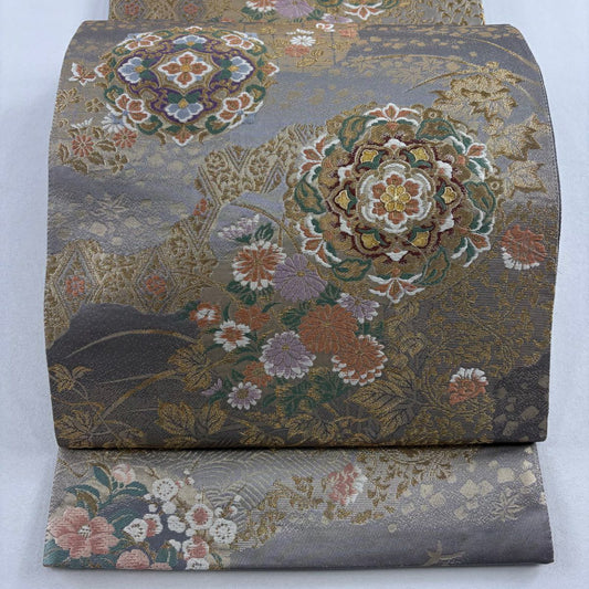 袋帶 名品級 じゅらく 落款 華紋 草花紋 金絲 金金箔 灰紫 六通 純蠶絲