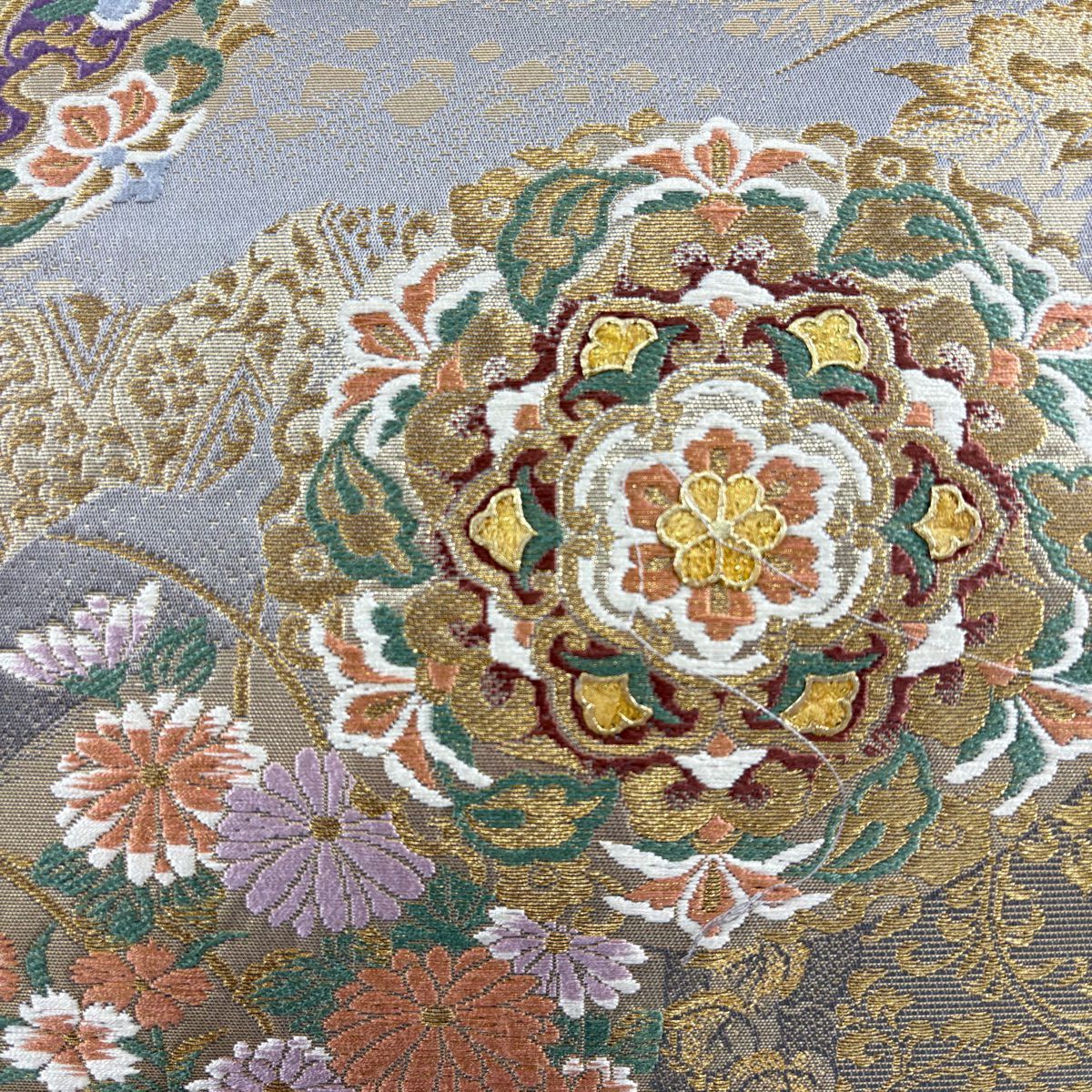 袋帶 名品級 じゅらく 落款 華紋 草花紋 金絲 金金箔 灰紫 六通 純蠶絲