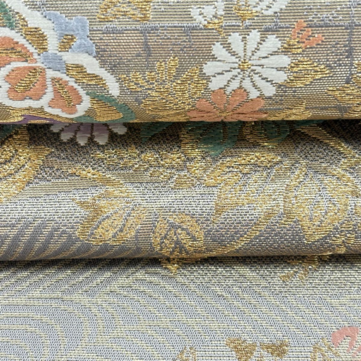 袋帶 名品級 じゅらく 落款 華紋 草花紋 金絲 金金箔 灰紫 六通 純蠶絲