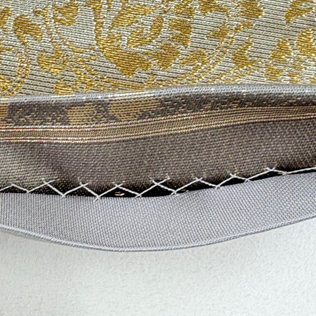 袋帶 名品級 じゅらく 落款 華紋 草花紋 金絲 金金箔 灰紫 六通 純蠶絲