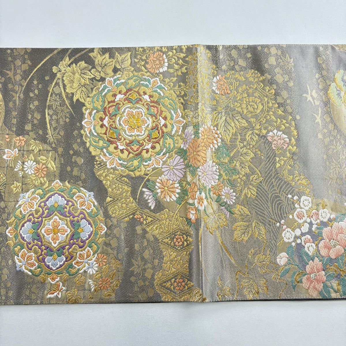 袋帶 名品級 じゅらく 落款 華紋 草花紋 金絲 金金箔 灰紫 六通 純蠶絲