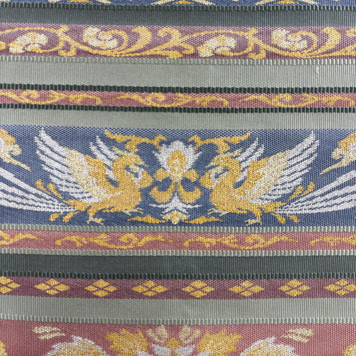 【美品】 袋帶 名品級 縞 花鳥 金銀彩 薄綠 六通 純蠶絲