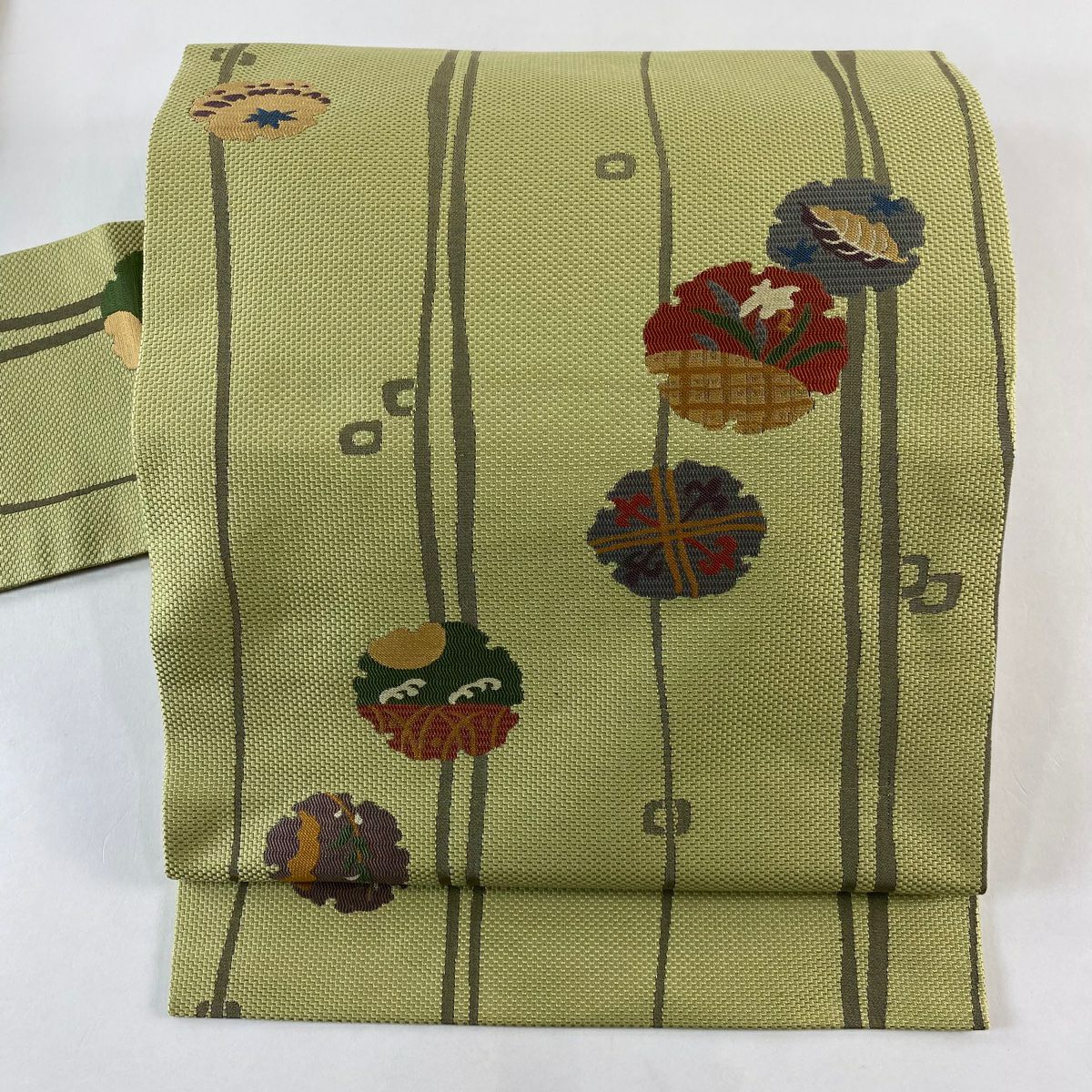 【美品】名古屋帶 秀品級 雪輪 草花紋 抹茶 純蠶絲