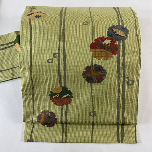 【美品】名古屋帶 秀品級 雪輪 草花紋 抹茶 純蠶絲