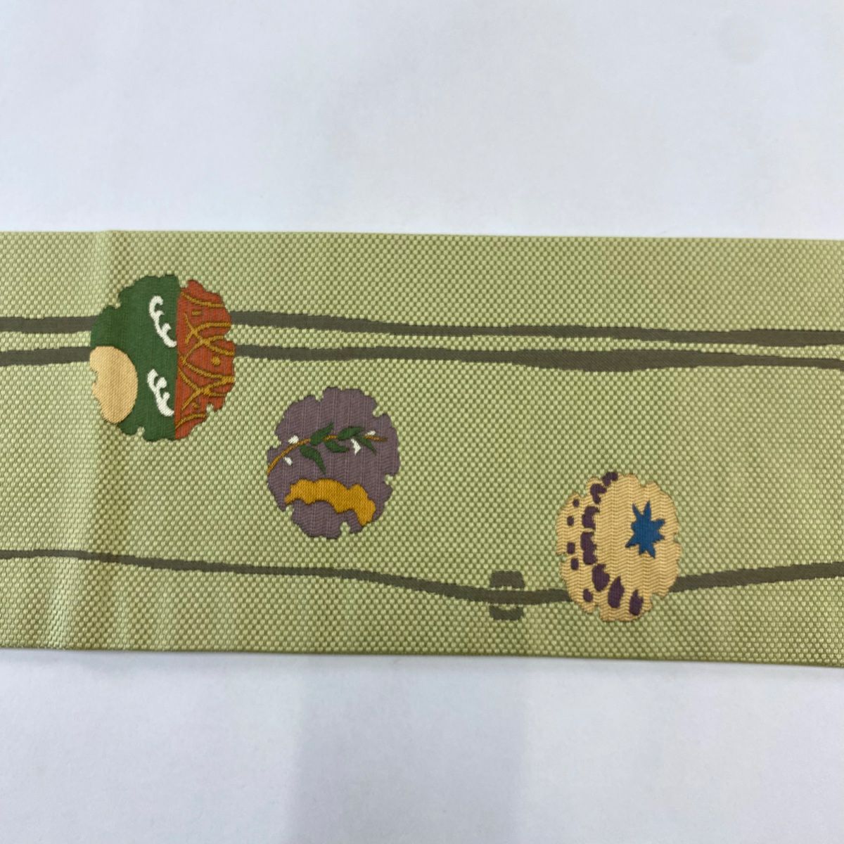 【美品】名古屋帶 秀品級 雪輪 草花紋 抹茶 純蠶絲
