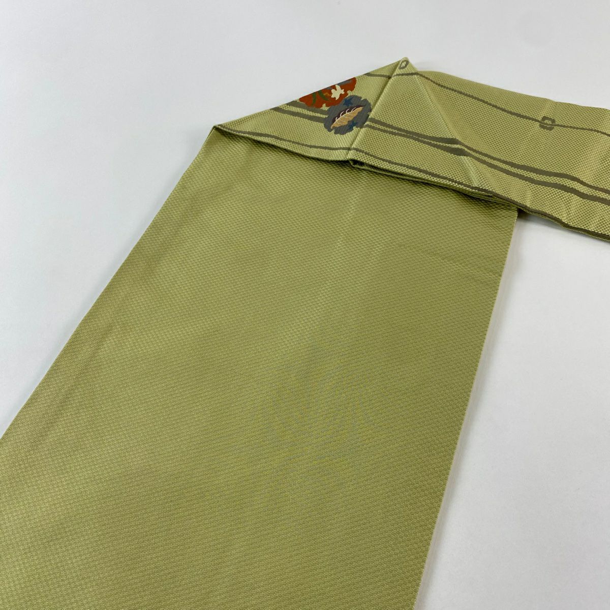 【美品】名古屋帶 秀品級 雪輪 草花紋 抹茶 純蠶絲