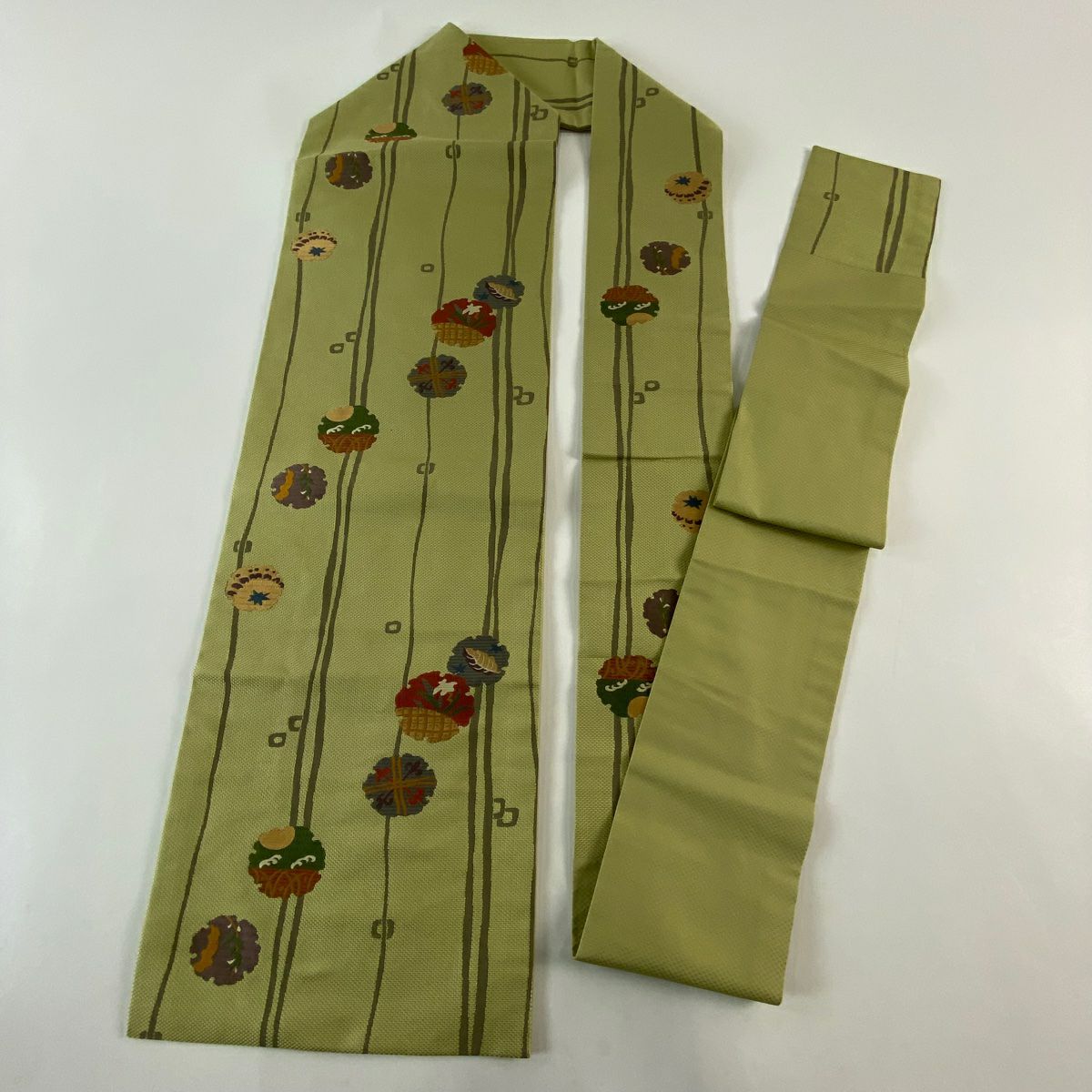 【美品】名古屋帶 秀品級 雪輪 草花紋 抹茶 純蠶絲