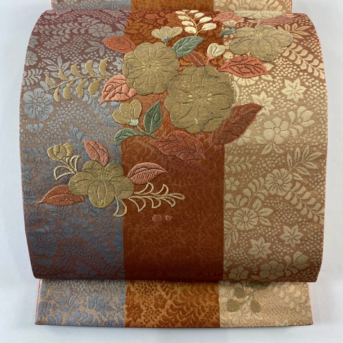 袋帶 秀品級 草花紋紋 金絲刺繡 紅茶 お太鼓圖案 純蠶絲