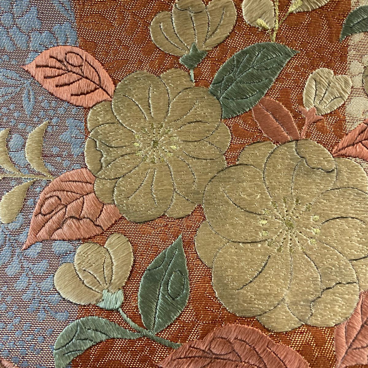 袋帶 秀品級 草花紋紋 金絲刺繡 紅茶 お太鼓圖案 純蠶絲