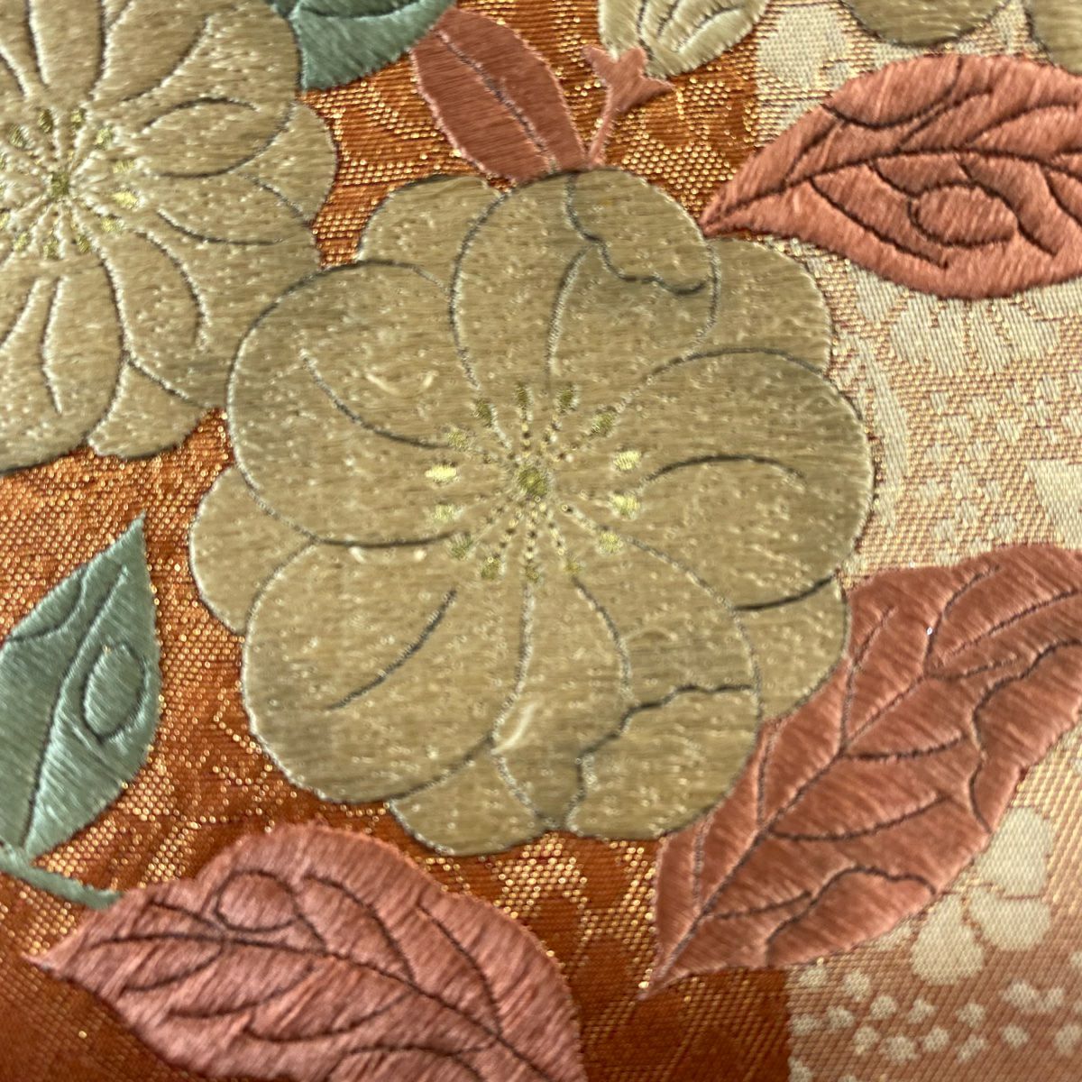 袋帶 秀品級 草花紋紋 金絲刺繡 紅茶 お太鼓圖案 純蠶絲
