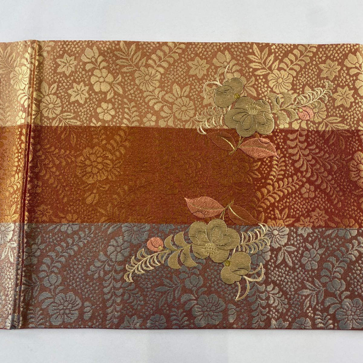 袋帶 秀品級 草花紋紋 金絲刺繡 紅茶 お太鼓圖案 純蠶絲