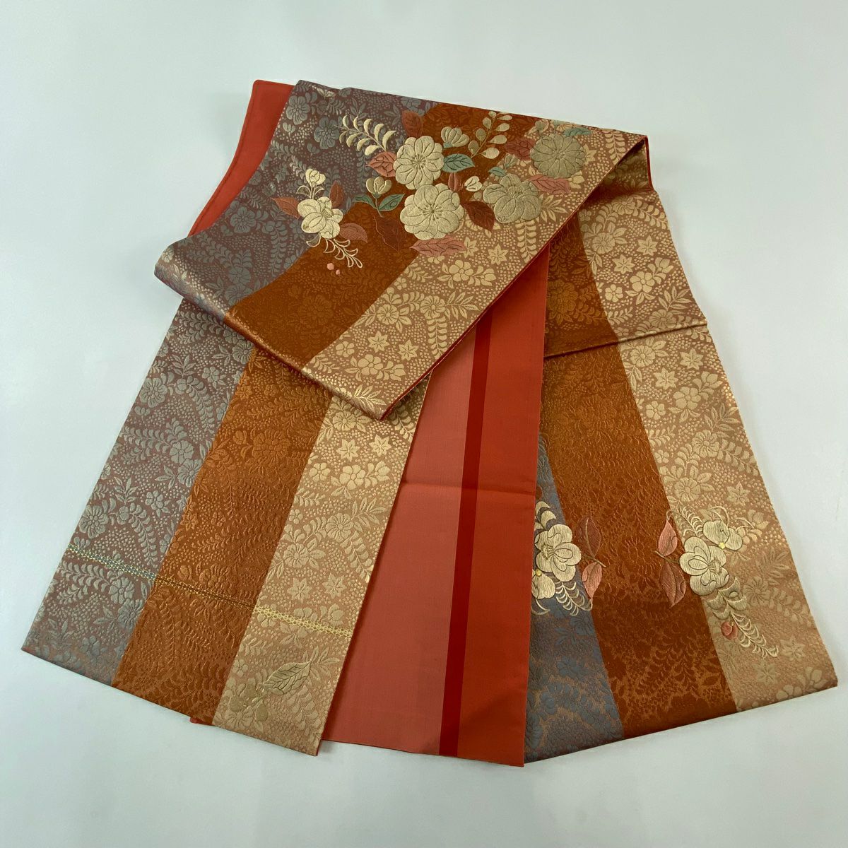 袋帶 秀品級 草花紋紋 金絲刺繡 紅茶 お太鼓圖案 純蠶絲