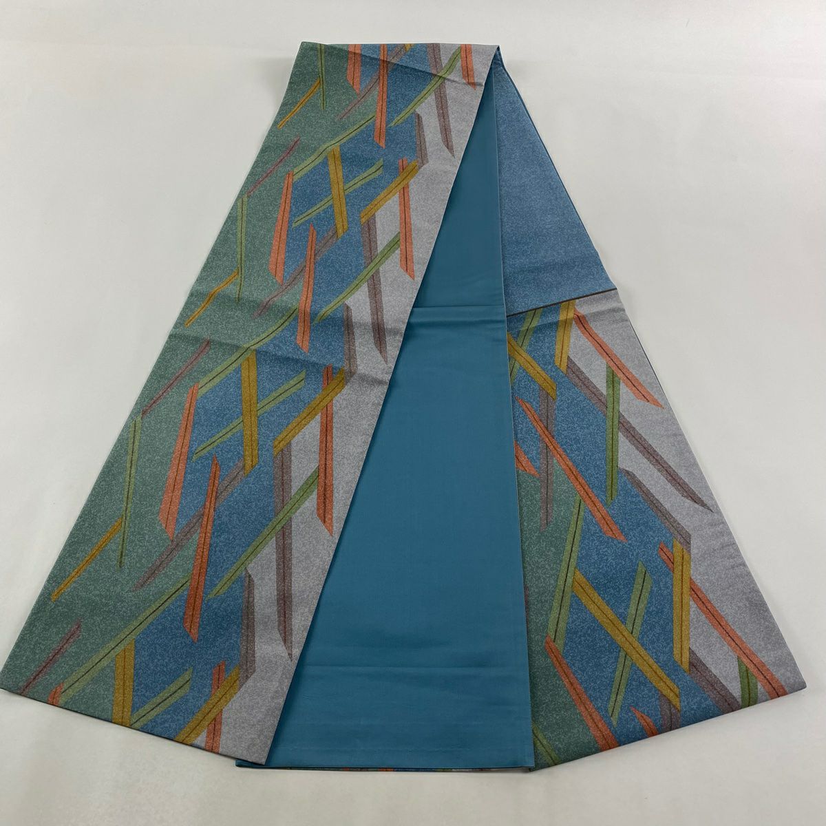 【美品】 袋帶 秀品級 紬織織 幾何學 銀通 青綠 六通 純蠶絲